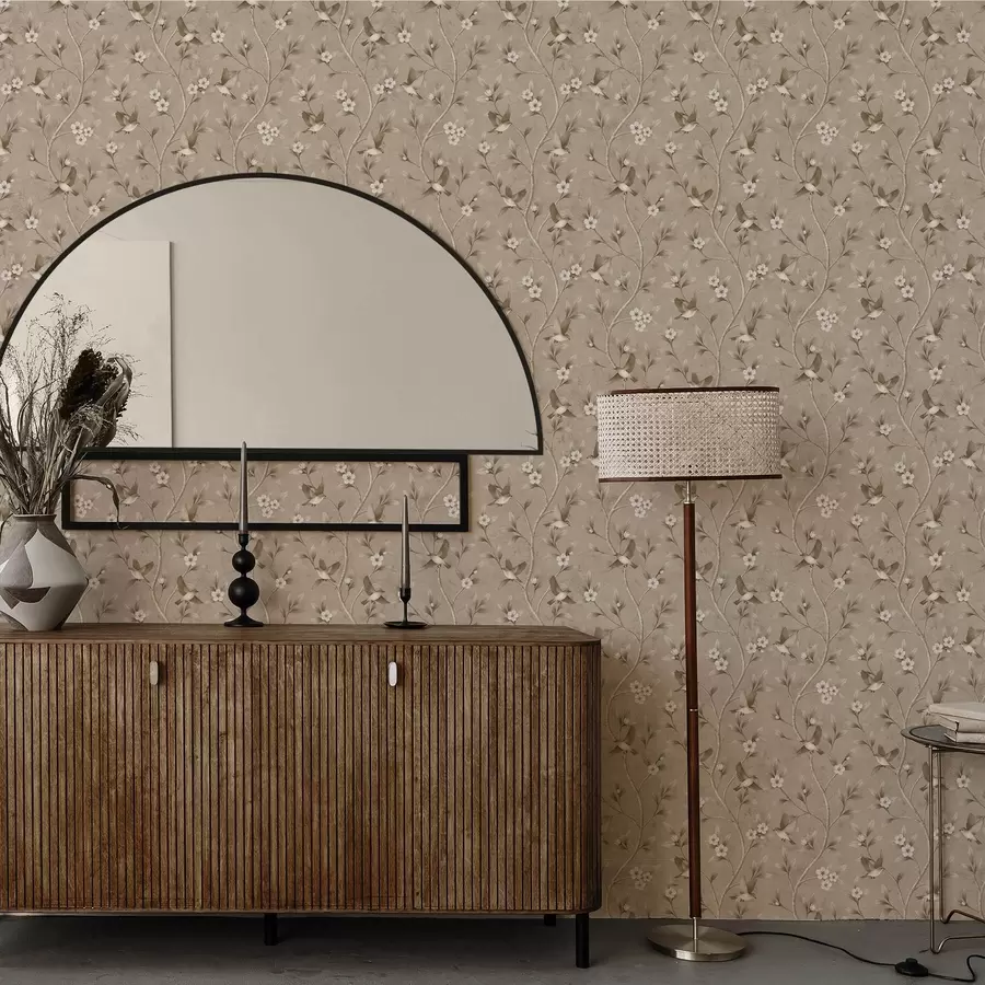 Fototapetai Paukščiai ir žydintys šakos šiltų sepijos atspalvių a00882