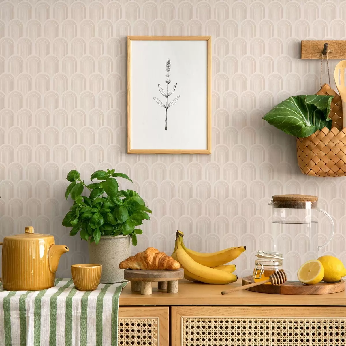 Tapetai Eilė arkinių formų su švelniomis smėlio spalvos juostelėmis, retro stilius a00923