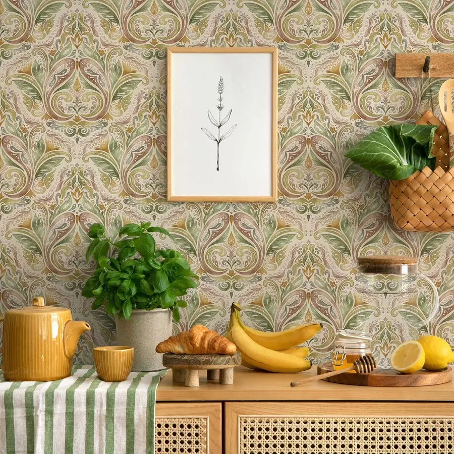 Fototapetai Akvareliniai lapų sūkuriai žalios ir šiltos ochros spalvų tonais a00927