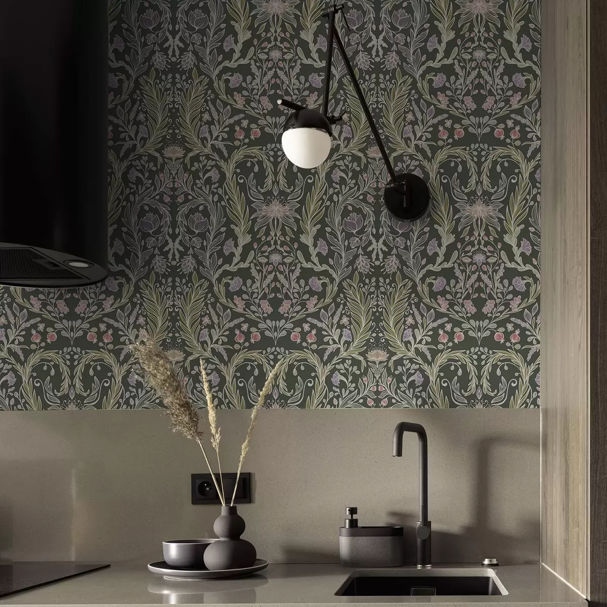 Tapetai Simetriškas gėlių ornamentas ant tamsiai žalios spalvos fono a00928