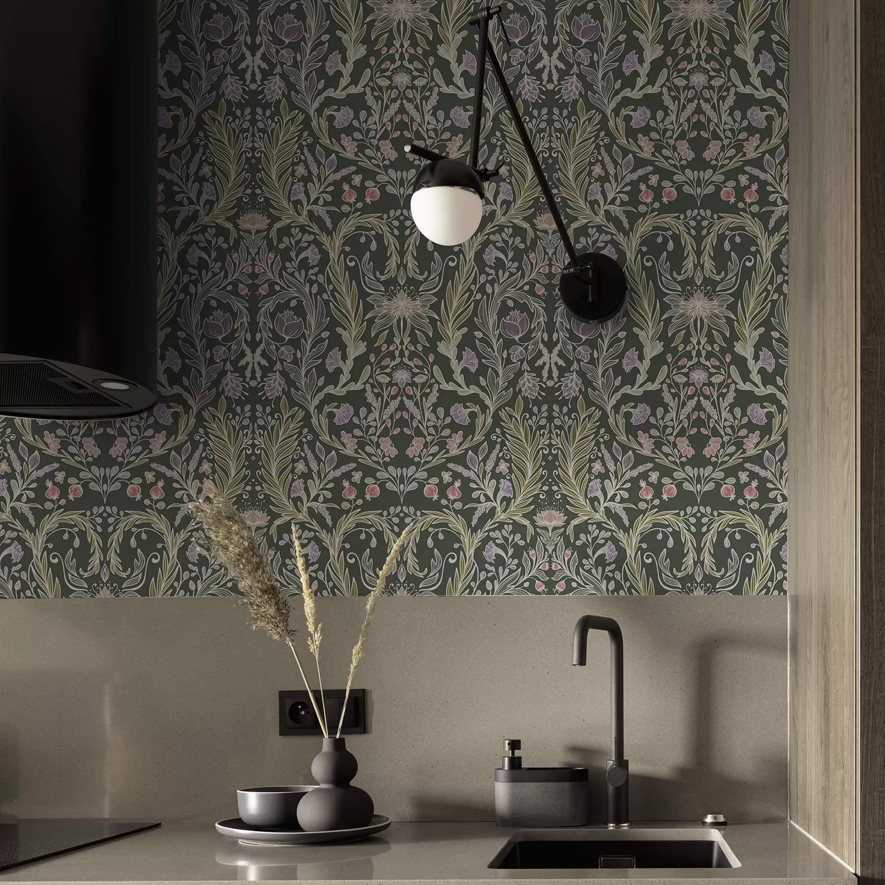 Fototapetai Simetriškas gėlių ornamentas ant tamsiai žalios spalvos fono a00928