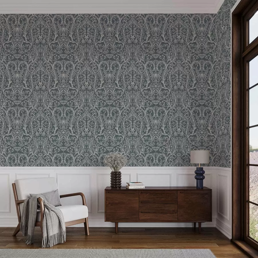 Fototapetai Linijinis gėlių ornamentas ant melsvai pilko fono a00929v1