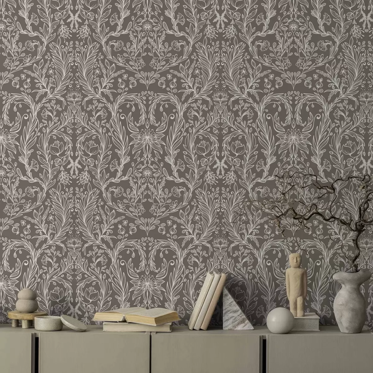 Tapetai Monochrominis botaninis raštas ant šiltos rudos spalvos fono a00929v2