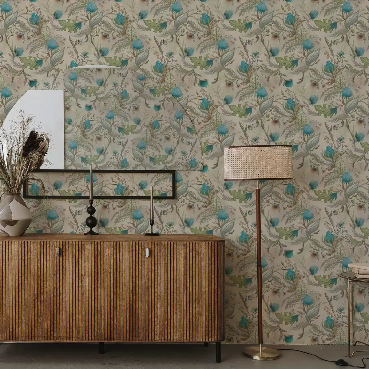 Tapetai Mėlyni pumpurai ir lapai ant šviesiai smėlio spalvos fono a00930