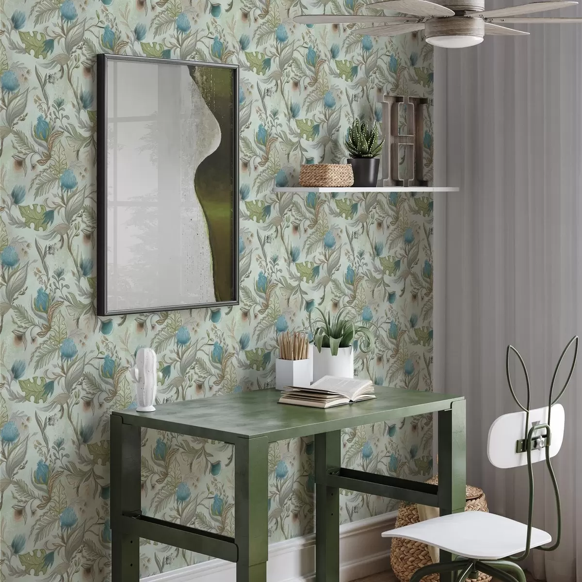 Tapetai Mėlynos gėlės ir žaluma ant švelnaus mėtų fono a00930v1