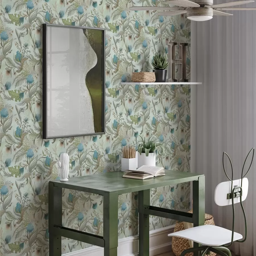 Fototapetai Mėlynos gėlės ir žaluma ant švelnaus mėtų fono a00930v1