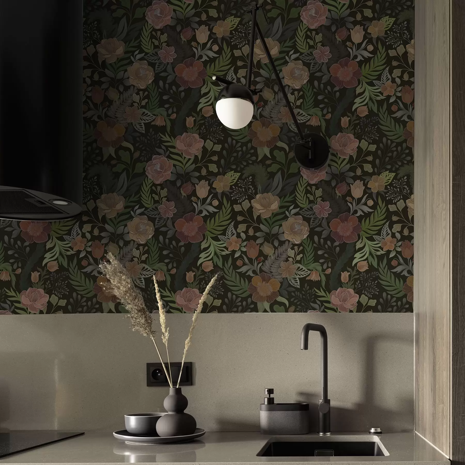 Fototapetai Turtingos gėlės ir žaluma ant tamsaus fono a00932