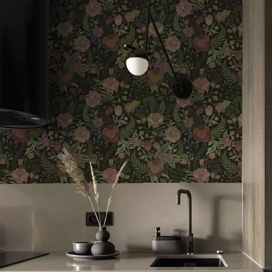 Fototapetai Turtingos gėlės ir žaluma ant tamsaus fono a00932