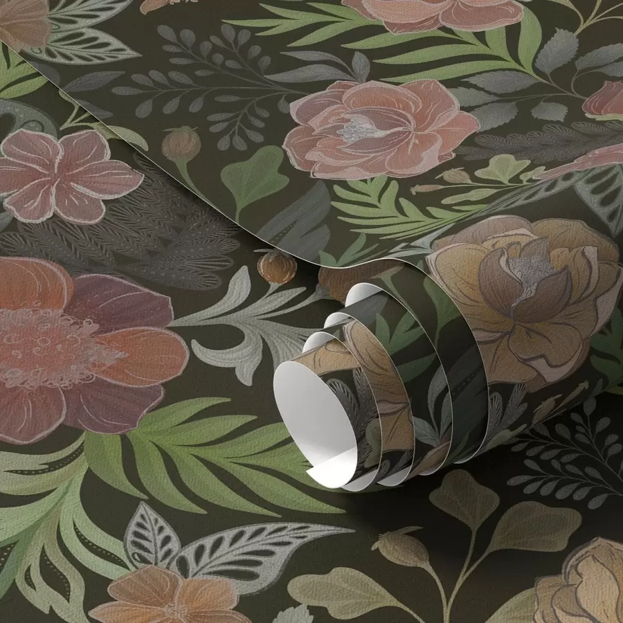 Fototapetai Turtingos gėlės ir žaluma ant tamsaus fono a00932