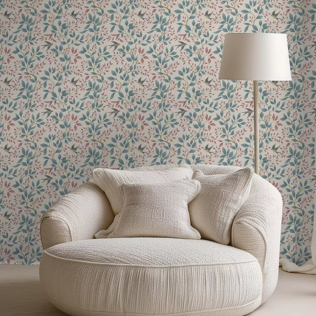 Tapetai Mėlynos ir rožinės šakos su paukščiais ant kreminės spalvos fono a00933