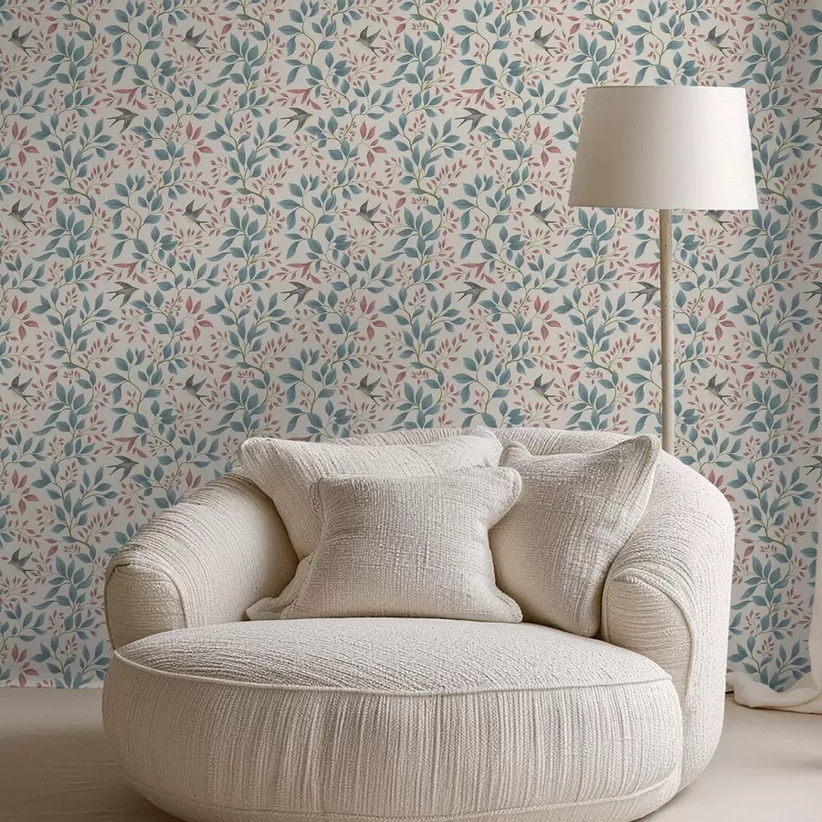 Fototapetai Mėlynos ir rožinės šakos su paukščiais ant kreminės spalvos fono a00933