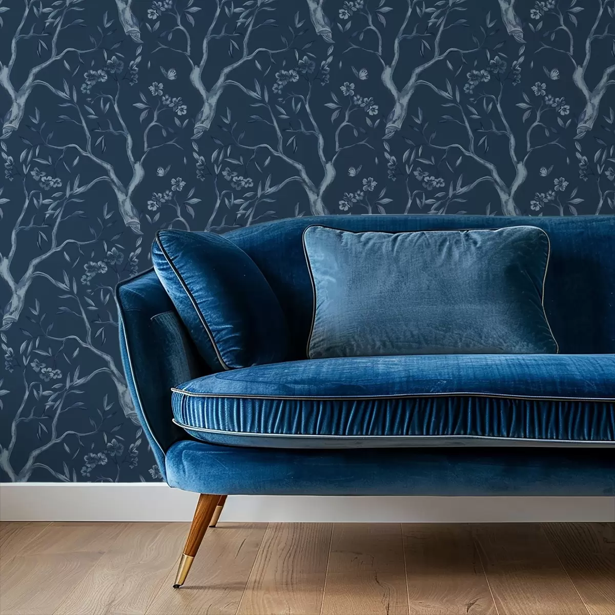 Tapetai Mėlynos žydinčios šakos su drugeliais ant tamsaus fono a00951v1