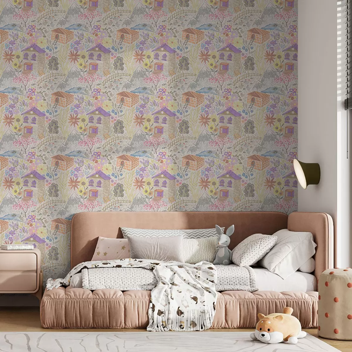 Tapetai Vaikiškas kaimo piešinys su namu, kalnais ir gėlėmis a00952