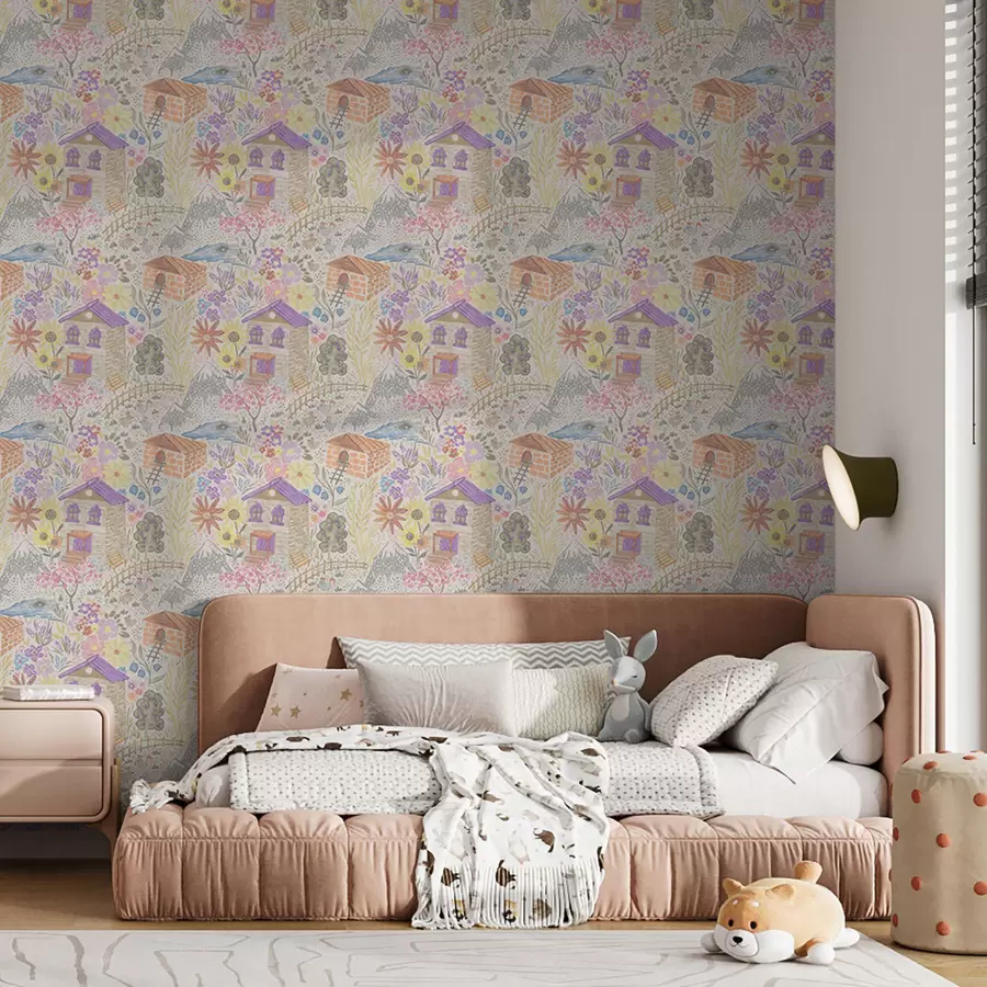 Fototapetai Vaikiškas kaimo piešinys su namu, kalnais ir gėlėmis a00952