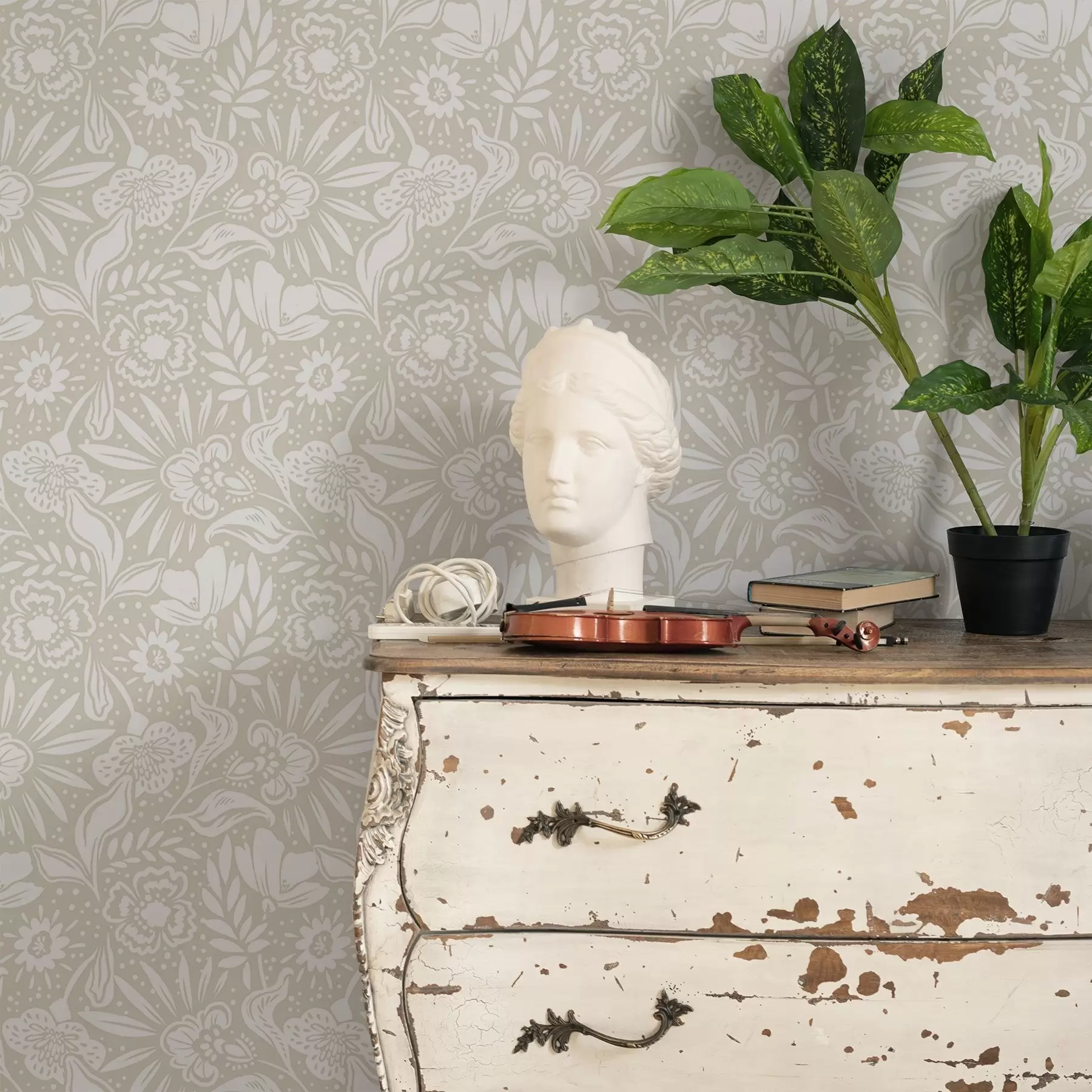 Fototapetai Balta linijinė gėlių ornamentika ant smėlio spalvos fono a00956