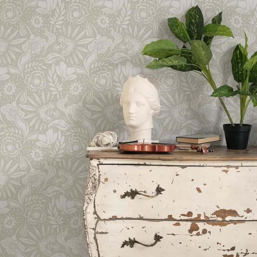 Fototapetai Balta linijinė gėlių ornamentika ant smėlio spalvos fono a00956