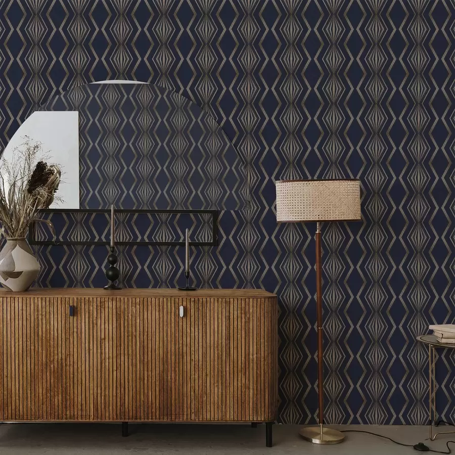 Fototapetai Tamsiai mėlynas fonas su geometriniais rombais ir zigzaga a00974v2