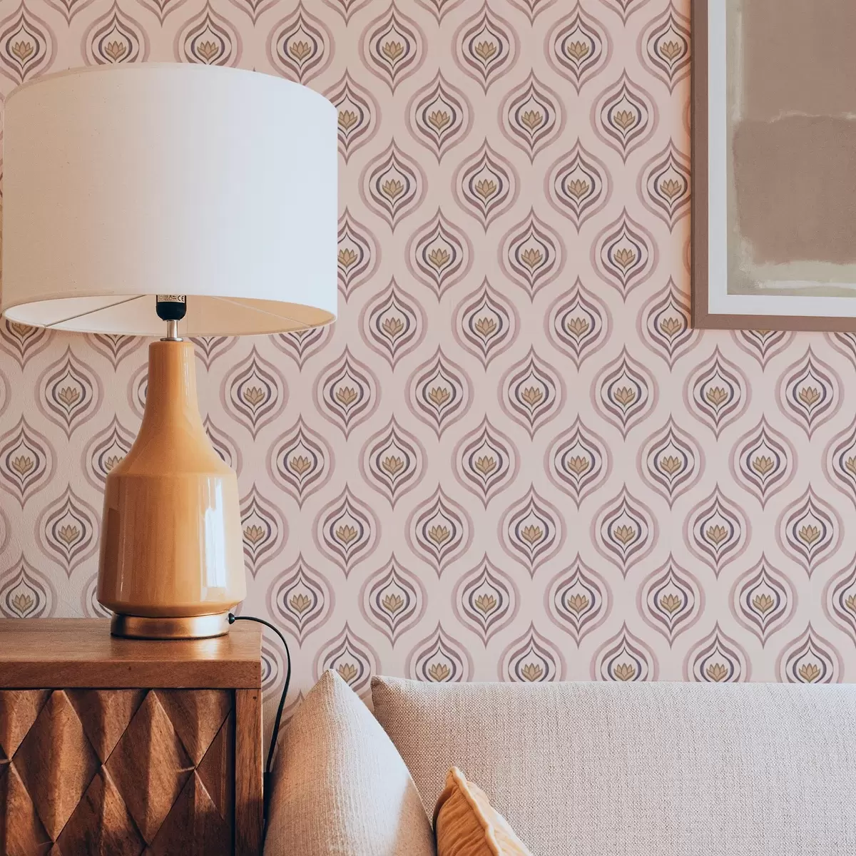 Tapetai Ritmiškas lašelių motyvas su gėle ant pudrinio fono a00977