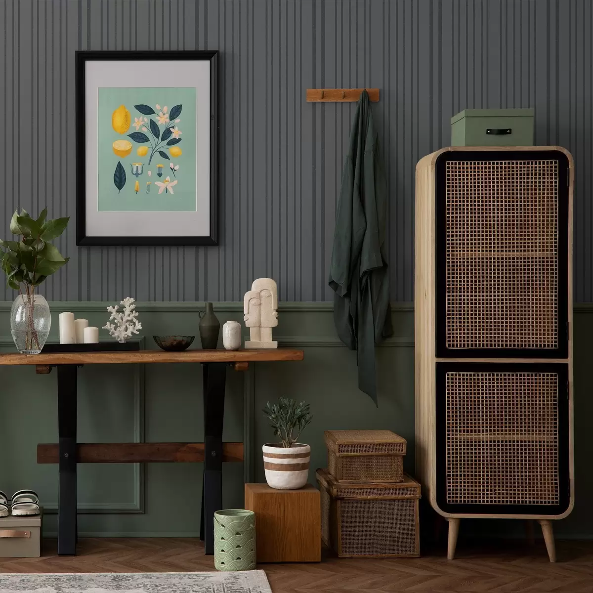 Tapetai Tamsiai pilkas fonas su vertikaliomis tekstūrinėmis juostomis a00979v1