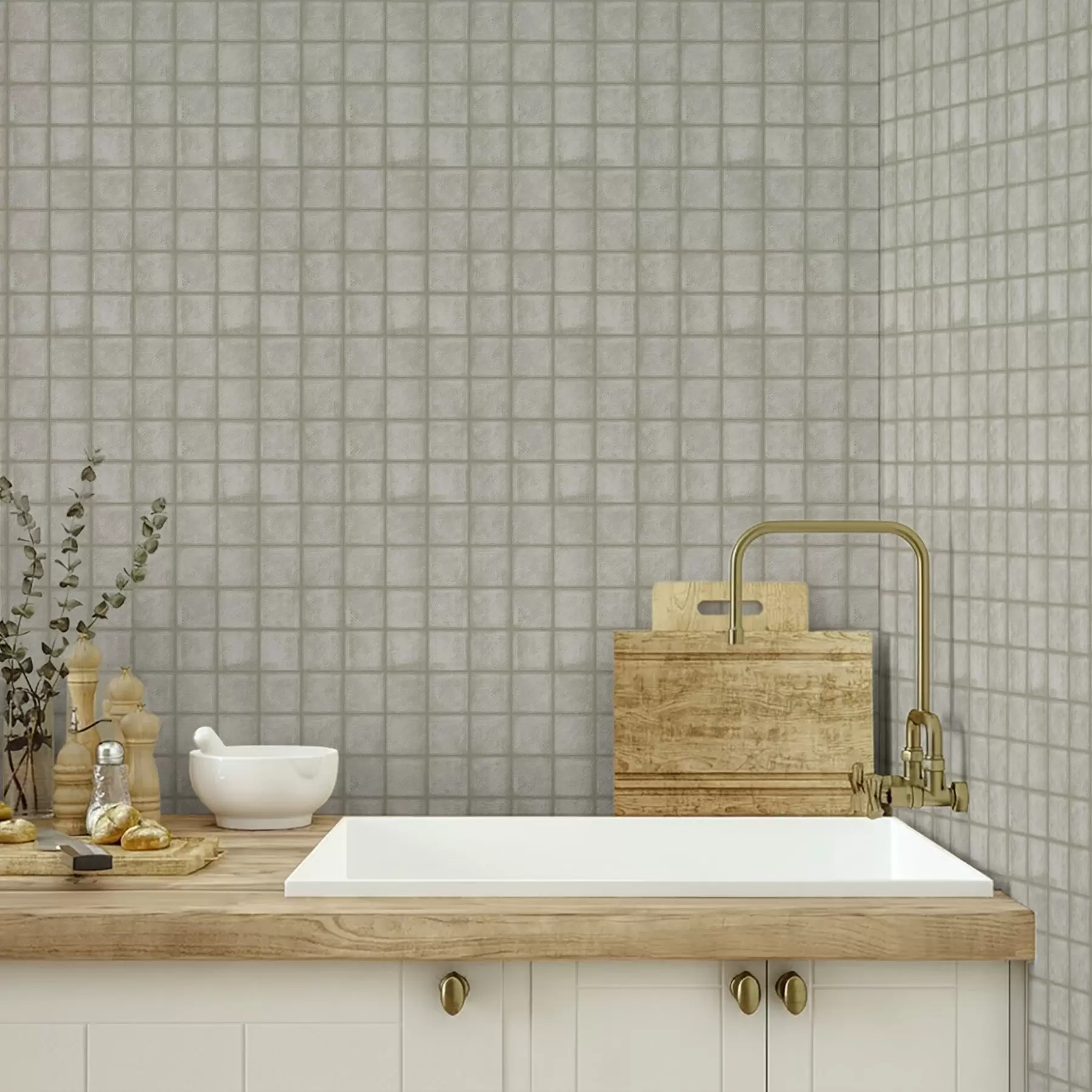 Fototapetai Kvadratinių plytelių imitacija švelnios pilkai žalios spalvos paletėje a00988