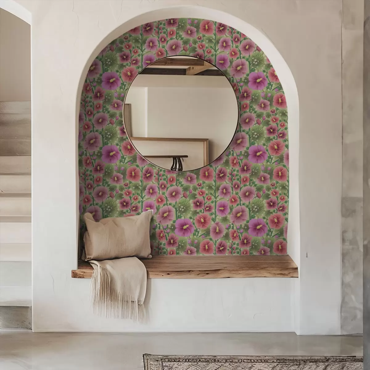 Tapetai Didelės hibiskų gėlės ir lapai ant tamsiai žalios spalvos fono a00993