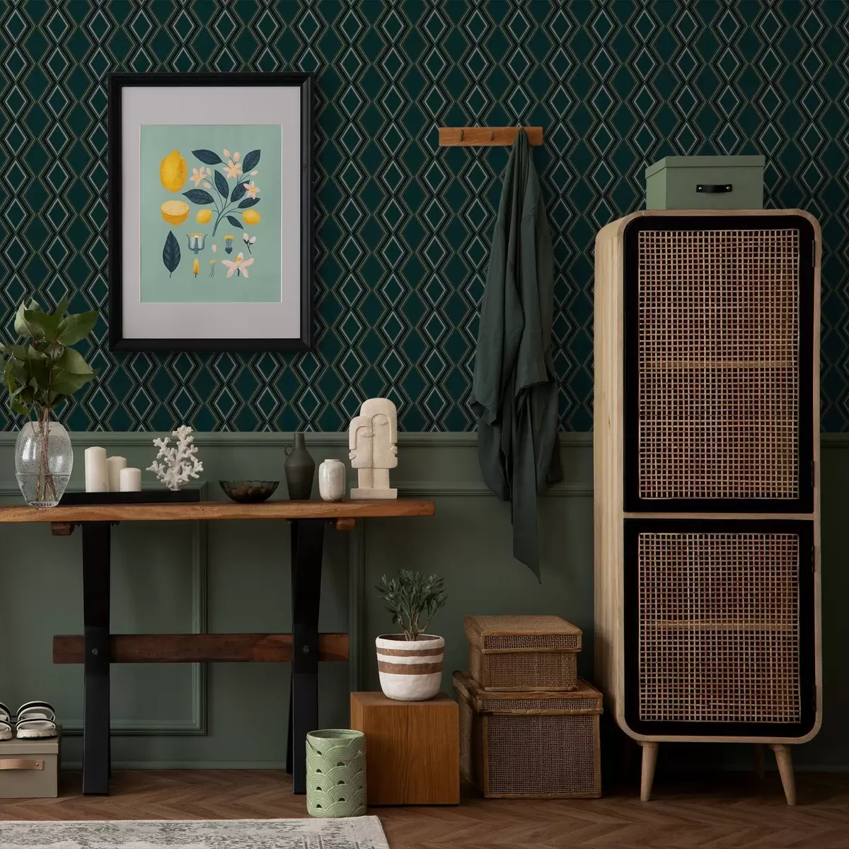 Tapetai Tamsiai žalios spalvos fonas su vertikaliomis rombų eilėmis a00976