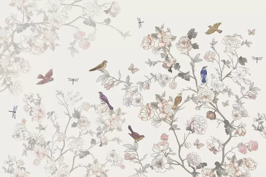 Fototapetai Paukščiai šalia šakų su žiedais w04939