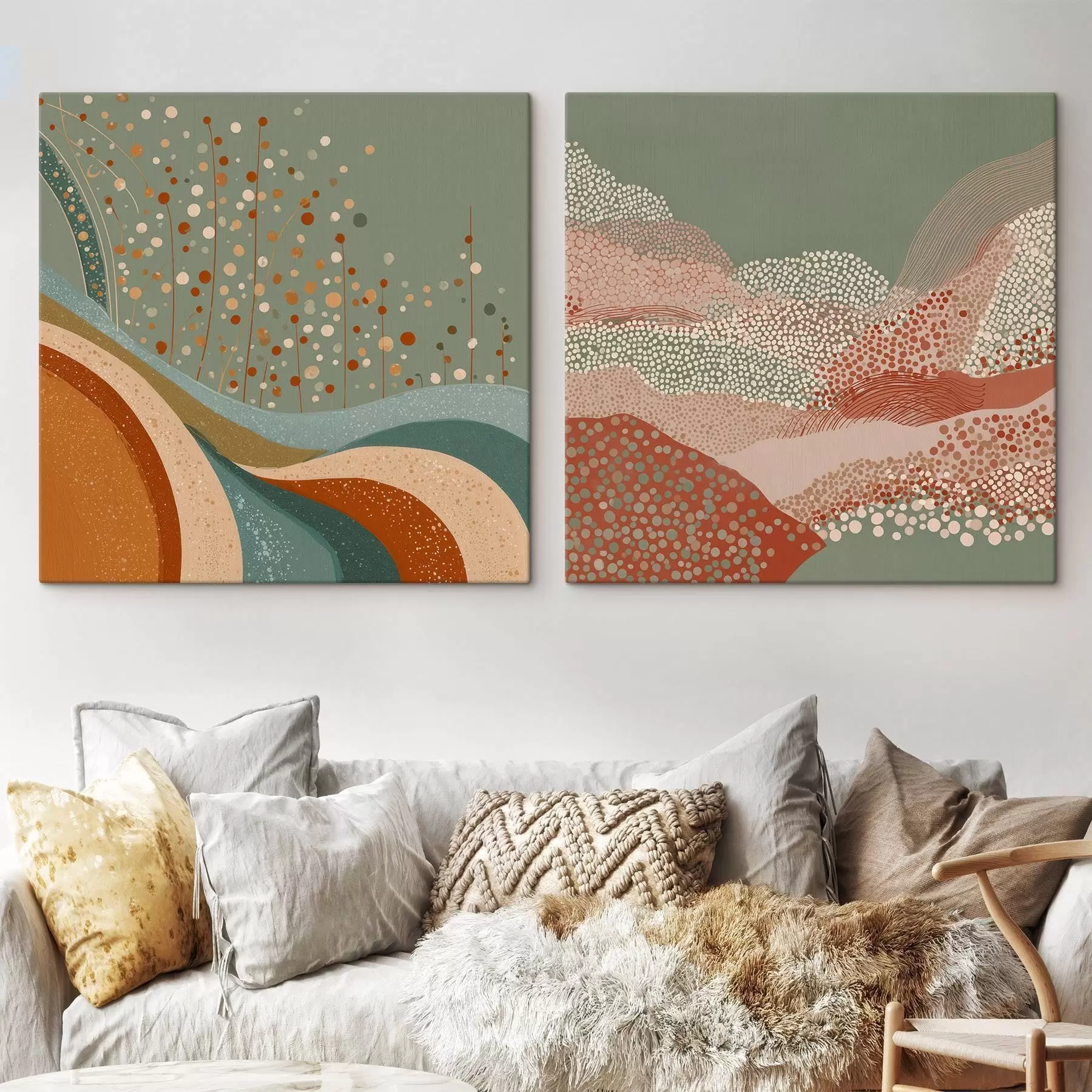 Paveikslėlis Dviejų dalių abstraktus peizažas su taškiniais ir banguotais elementais m00987