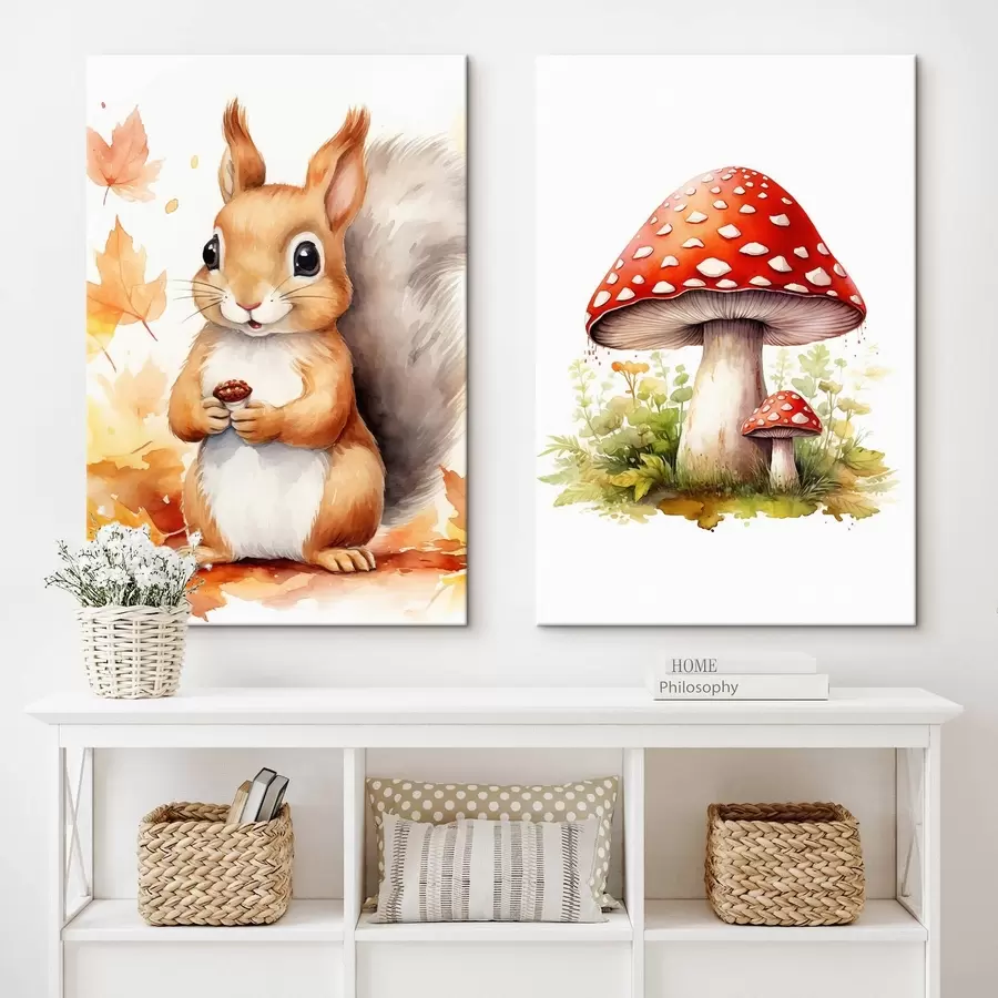 Paveikslėlis Voverė ir miško grybas, musmirių, imitacija akvarele m01049