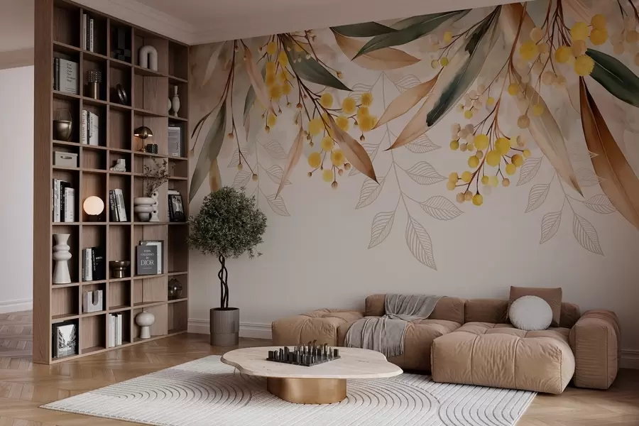 Fototapetai akvarelės stiliaus mimosa gėlės ir lapai, krentantys iš viršaus w04880