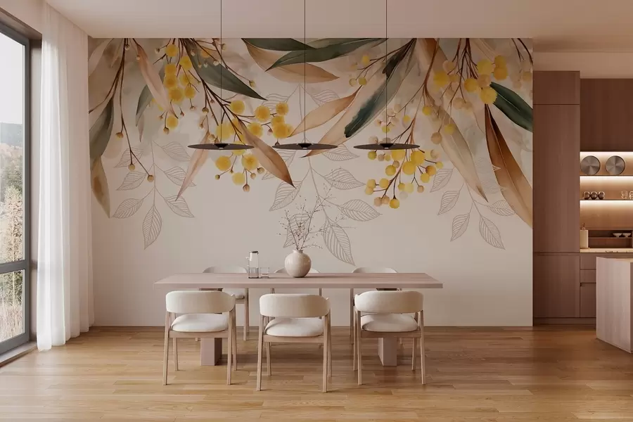 Fototapetai akvarelės stiliaus mimosa gėlės ir lapai, krentantys iš viršaus w04880