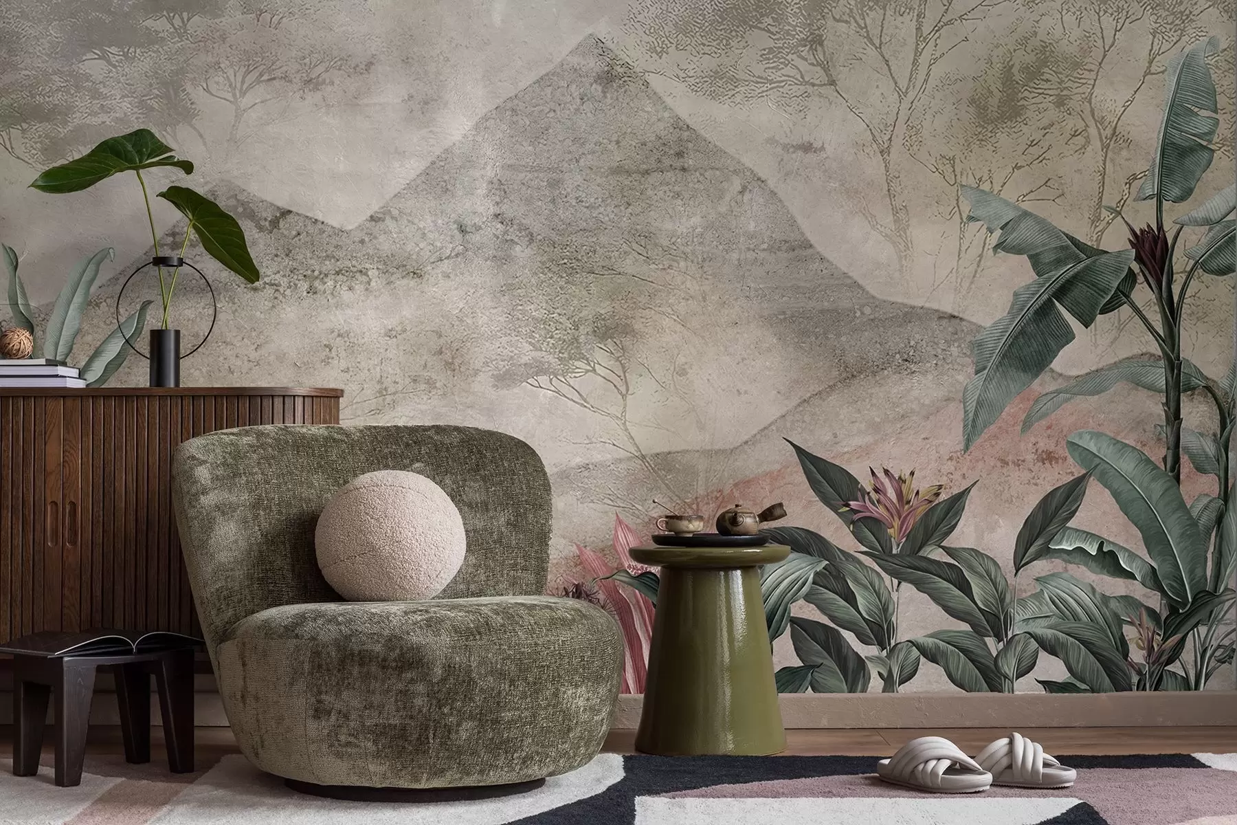 Fototapetai Pastelinės bananų lapai ir tropiniai žiedai prieš kalnus w04933