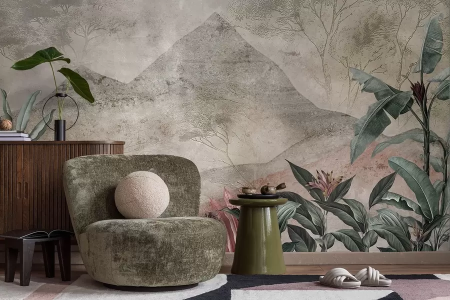 Fototapetai Pastelinės bananų lapai ir tropiniai žiedai prieš kalnus w04933