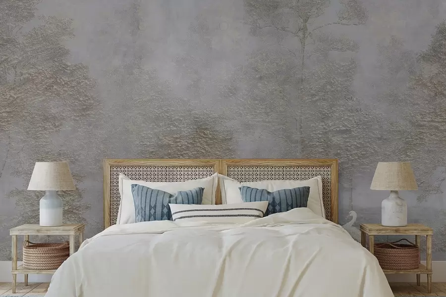 Fototapetai Rūko apgaubtas miškas su balta garne ir švelnia tekstūra w04953