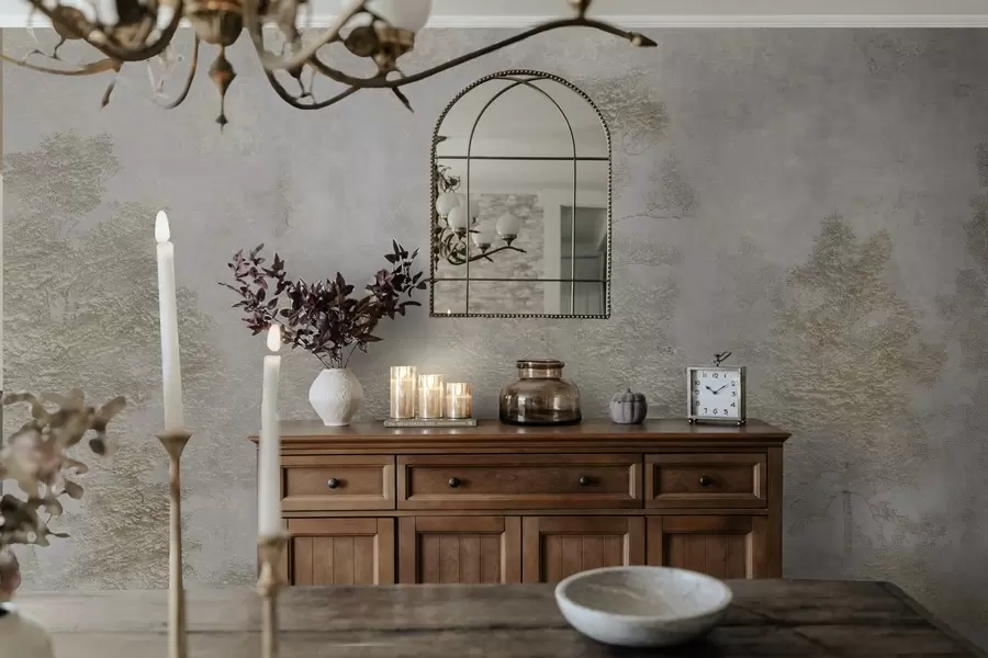 Fototapetai Rūko apgaubtas miškas su balta garne ir švelnia tekstūra w04953