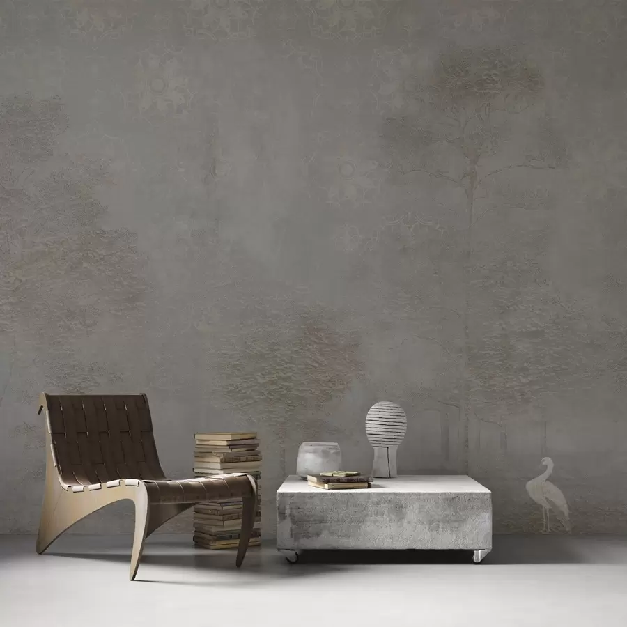 Fototapetai Rūko apgaubtas miškas su garneliu ir ornamentiniu raštu viršuje w04953v1