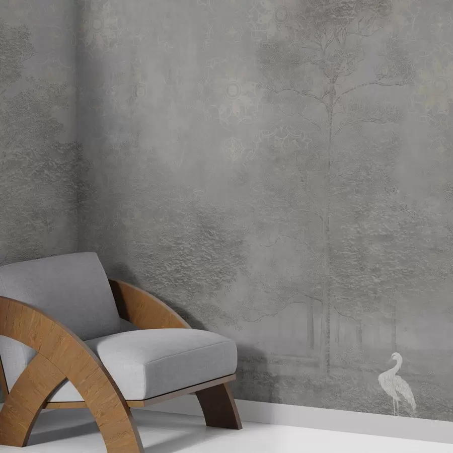 Fototapetai Šviesus rūko apgaubtas miškas su garza, atspalviai – šaltos pilkos spalvos w04953v2