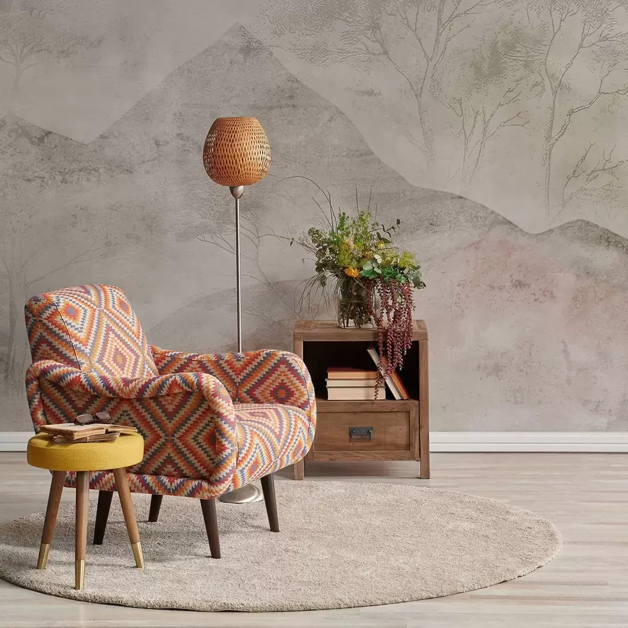 Fototapetai Švelnios pastelinės spalvos kalnai ir medžiai lengvame rūke w04954