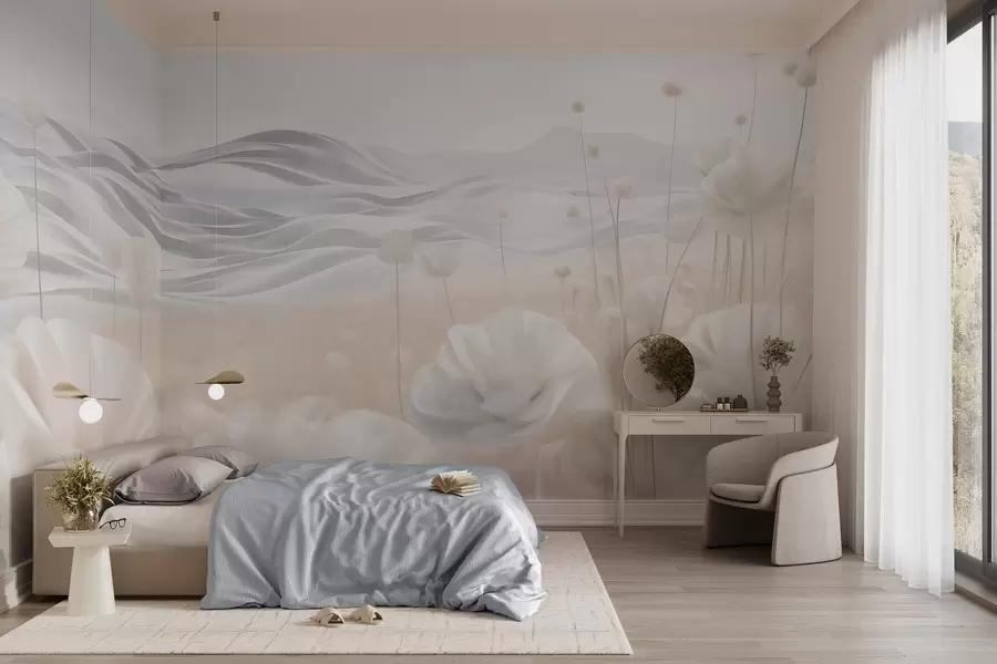 Fototapetai Tekstūruotas kreminių aguonų laukas su banguotais kalnais po šviesiai mėlynu dangumi su švelniais debesimis, pastelinės spalvos w09553