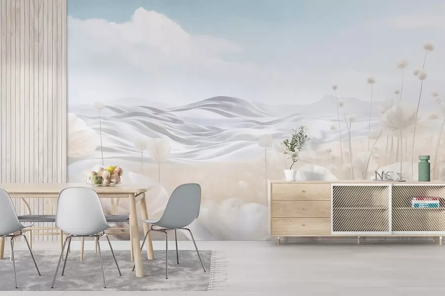 Fototapetai Tekstūruotas kreminių aguonų laukas su banguotais kalnais po šviesiai mėlynu dangumi su švelniais debesimis, pastelinės spalvos w09553