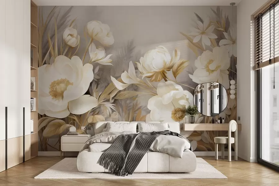 Fototapetai Balta ir geltona bijūnai bei kiti gėlės su aukšta žole ir lapais, tapybos stiliaus tekstūra w09494