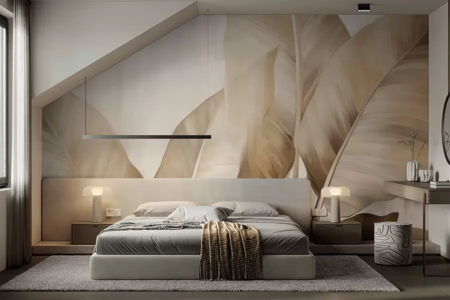 Fototapetai Tekstūruoti dideli, šviesiai rudi bananų lapai ant šviesiai smėlio spalvos fono, su švelnia ir minimalistine estetika w09586