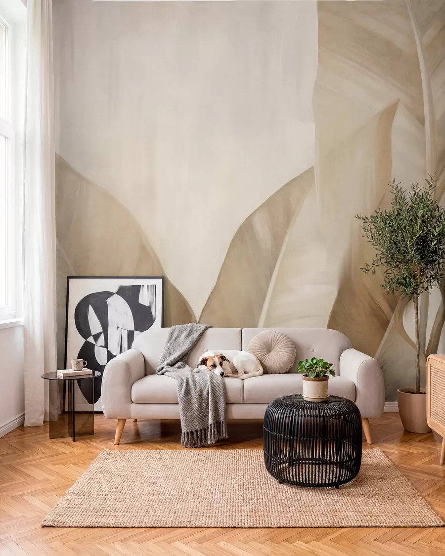 Fototapetai Bananų lapai smėlio tonu w09586