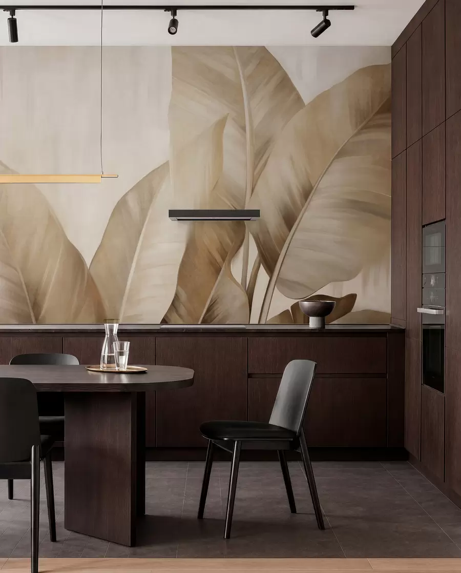 Fototapetai Tekstūruoti dideli, šviesiai rudi bananų lapai ant šviesiai smėlio spalvos fono, su švelnia ir minimalistine estetika w09586