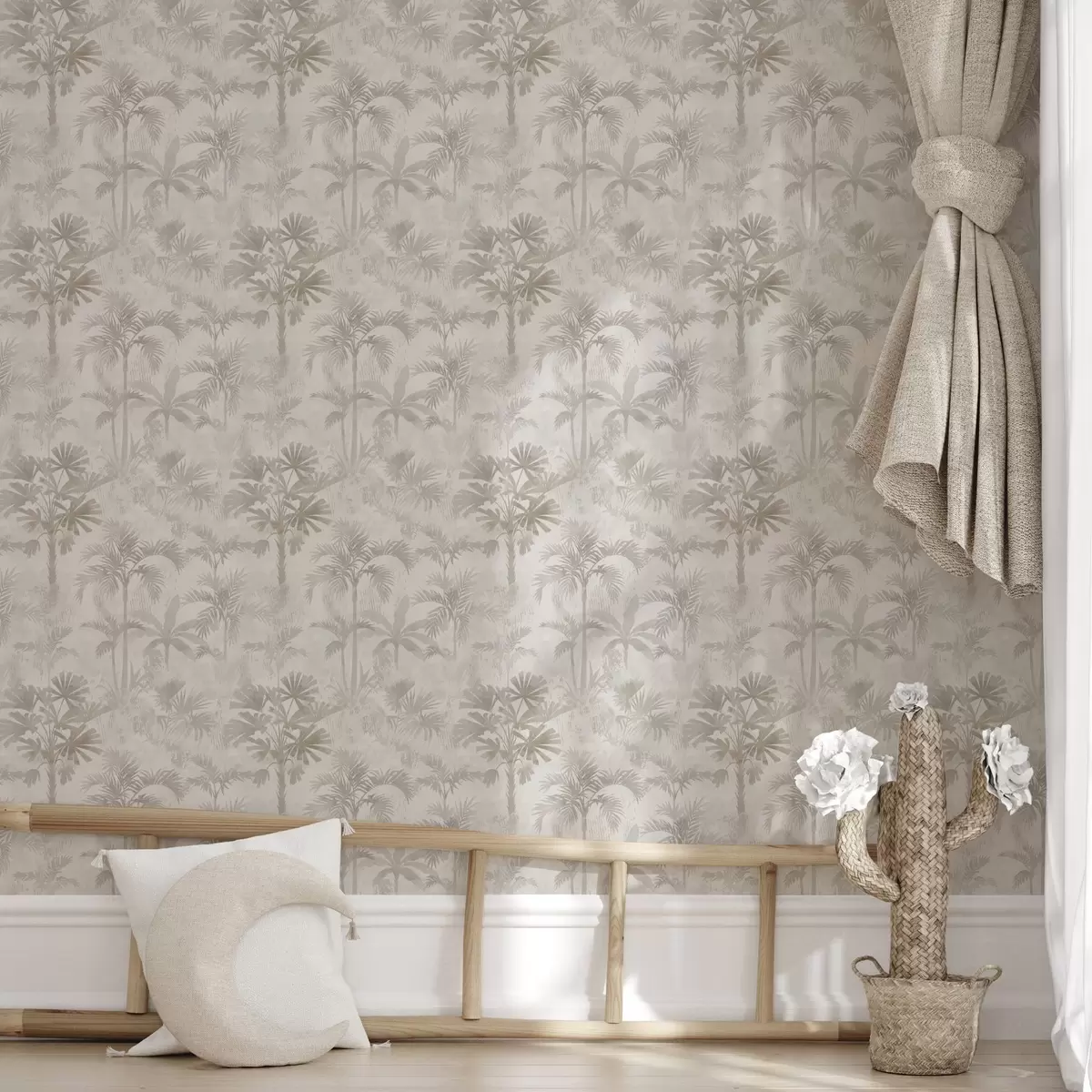 Tapetai Rūko apgaubtas palmių giraitė šiltų smėlio atspalvių a00881