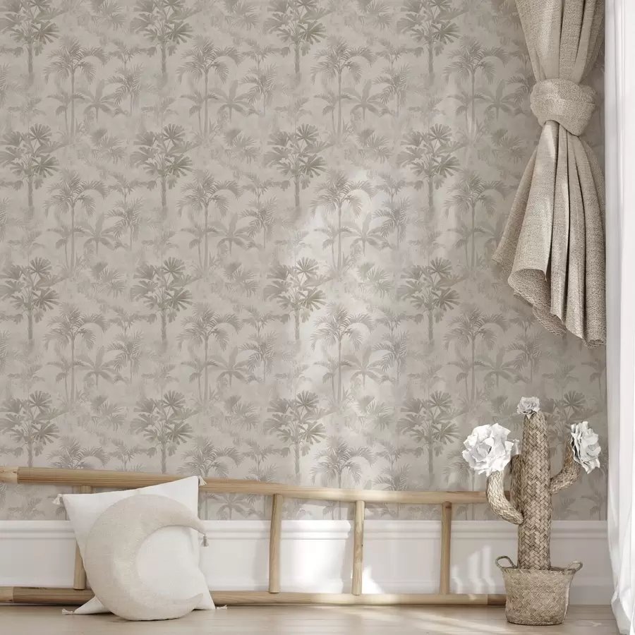 Fototapetai Rūko apgaubtas palmių giraitė šiltų smėlio atspalvių a00881