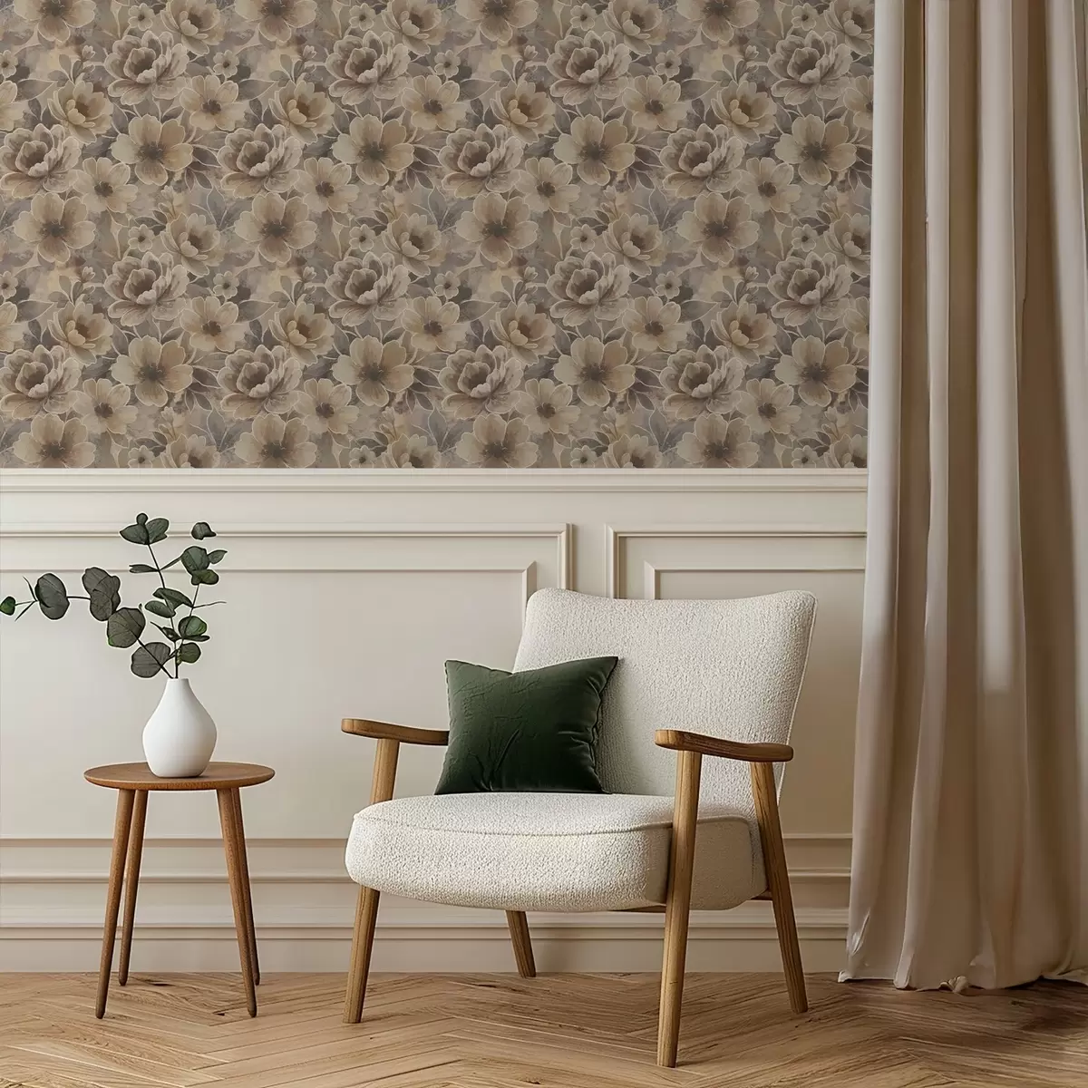 Tapetai Tapybiniai smėlio spalvos žiedai ant dūminio abstraktaus fono a00884