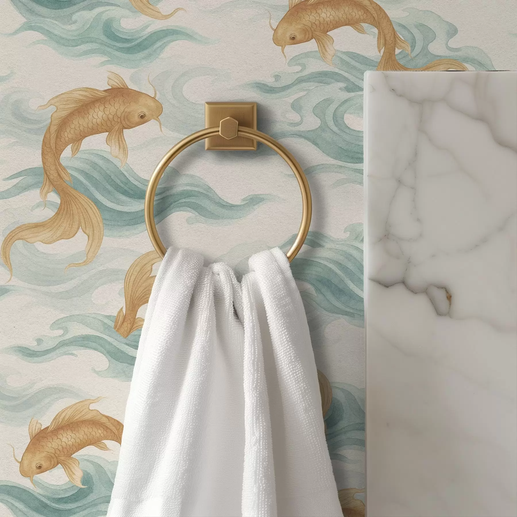 Fototapetai Gintarinės koi žuvys, plaukiojančios tarp švelnių turkio spalvos bangų a00894