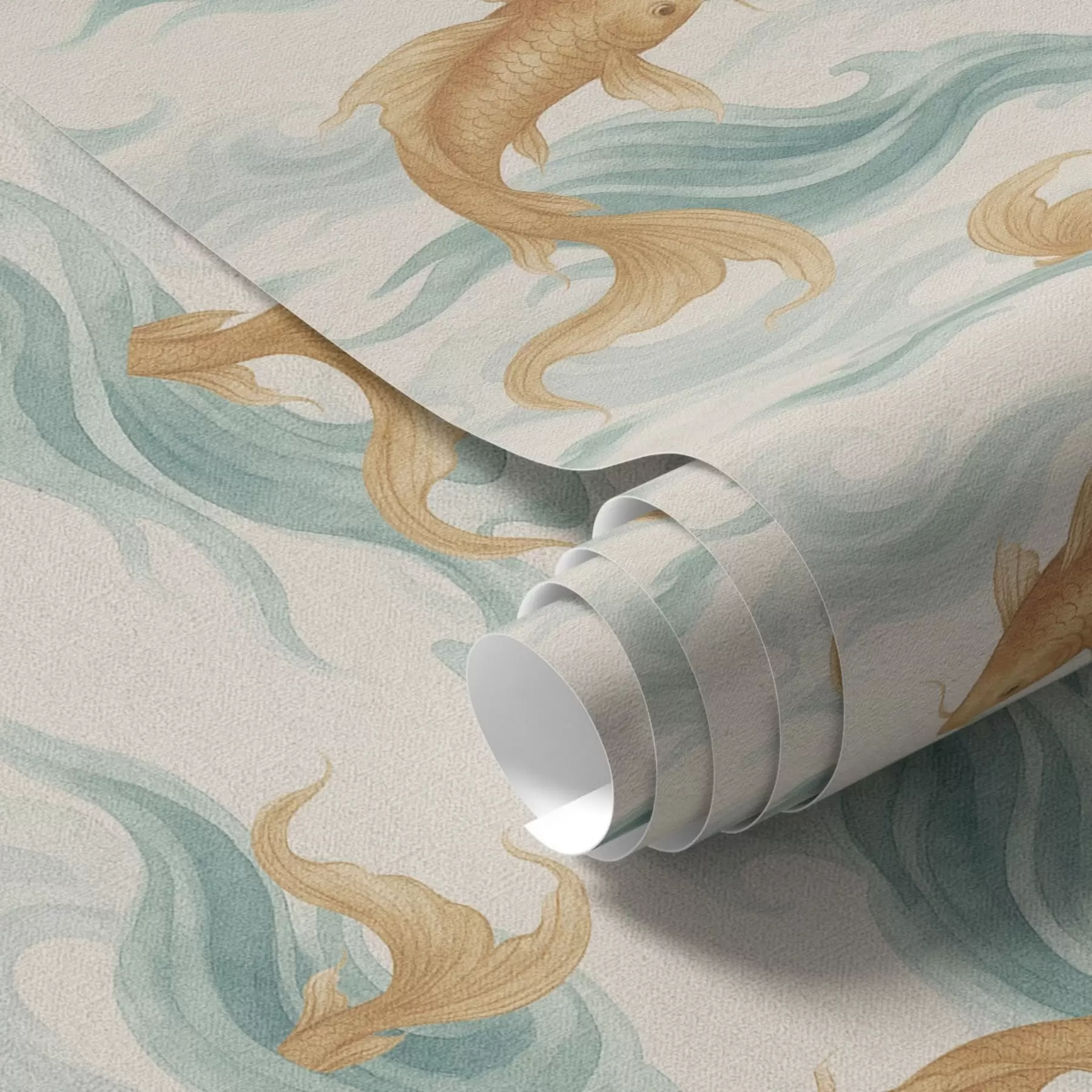 Fototapetai Gintarinės koi žuvys, plaukiojančios tarp švelnių turkio spalvos bangų a00894