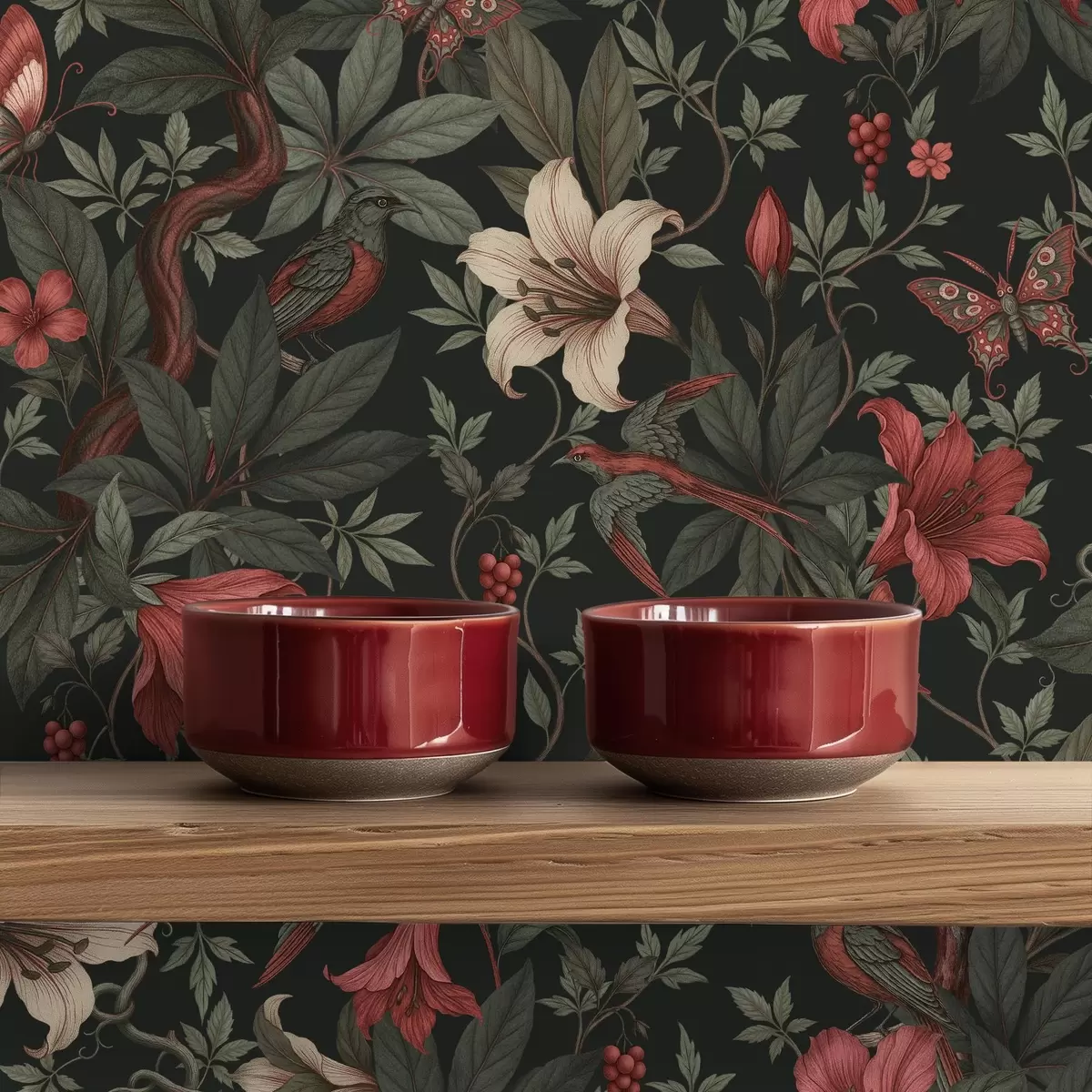 Tapetai Tamsūs džiunglių gėlių motyvai su paukščiais ir drugeliais a00895